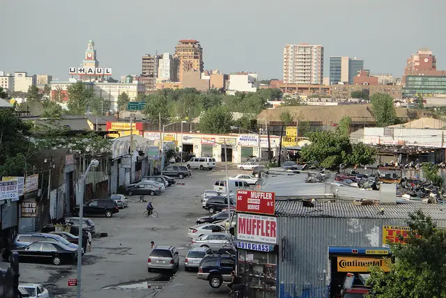 The auto shops of Willets Point and the Flushing skyline, viewed from Citi Field, 2010